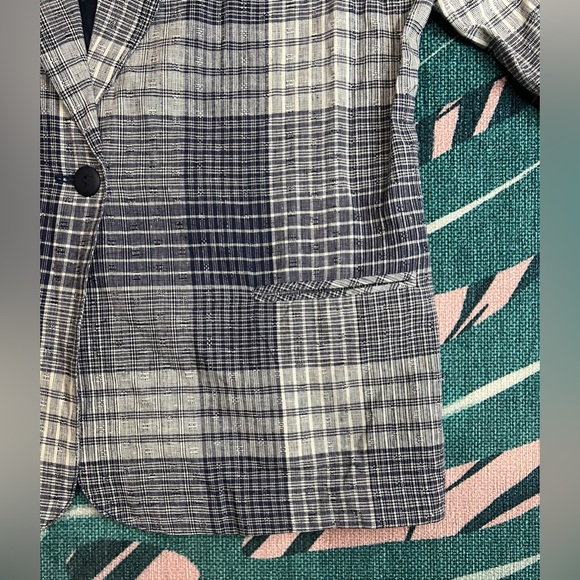 Vintage T.R. Bentley Linen Blend Single Button Plaid Navy Blazer Jacket - Picture 4 of 11